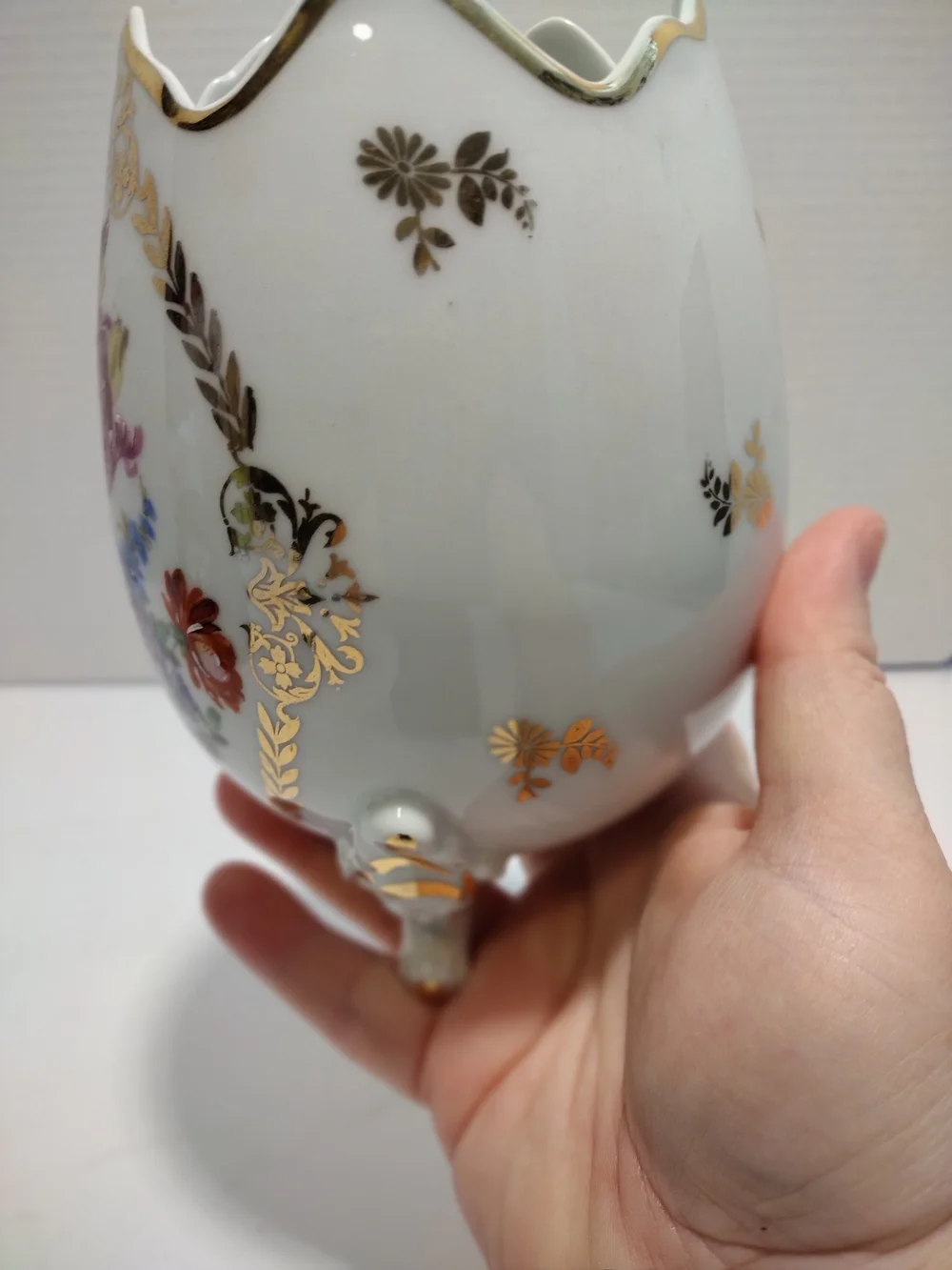 Limoges White Porcelain Floral Egg Vase with Gold Trim